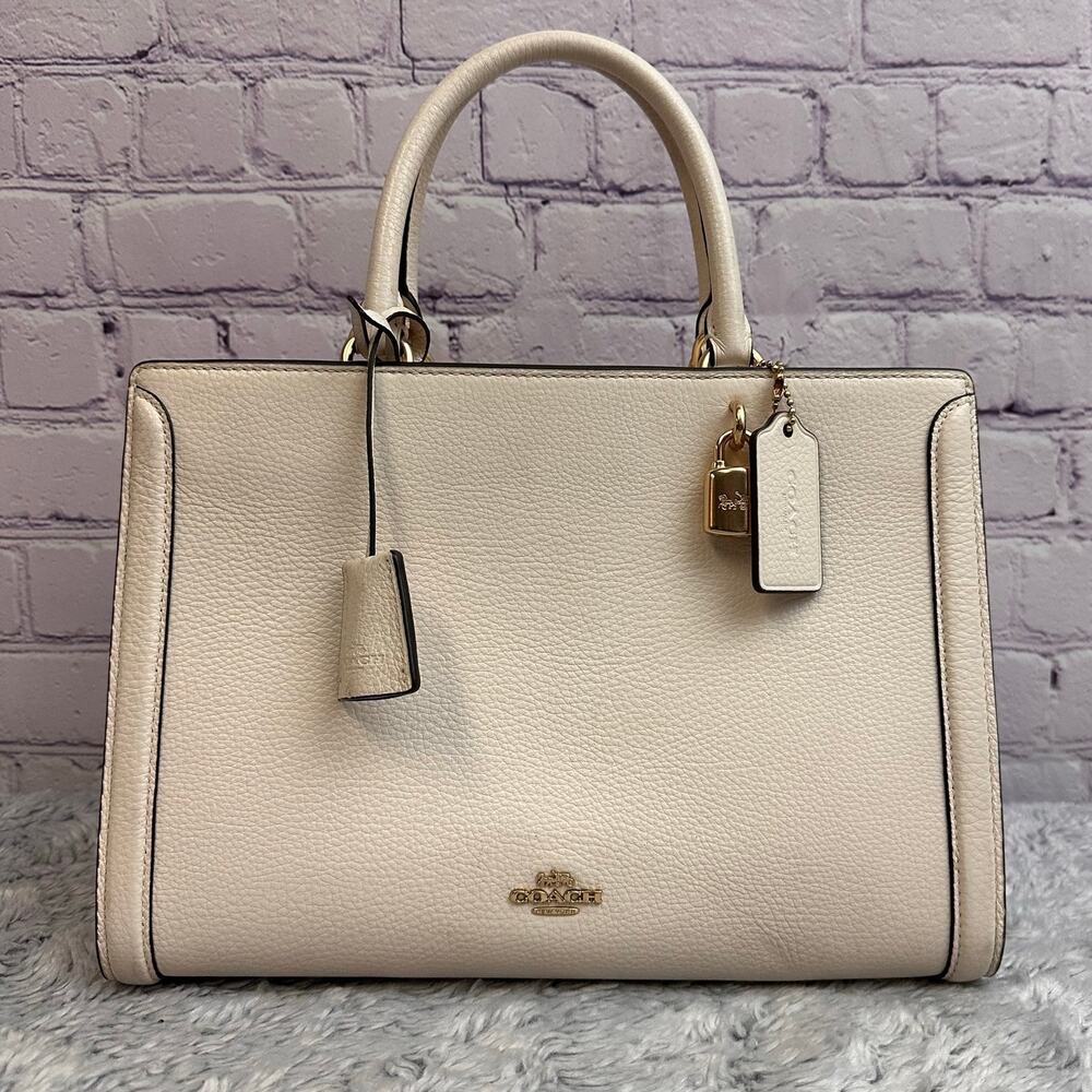 Coach Zoe Carryall White Refined Pebbled Leather Top Handle Golden Lock & Key